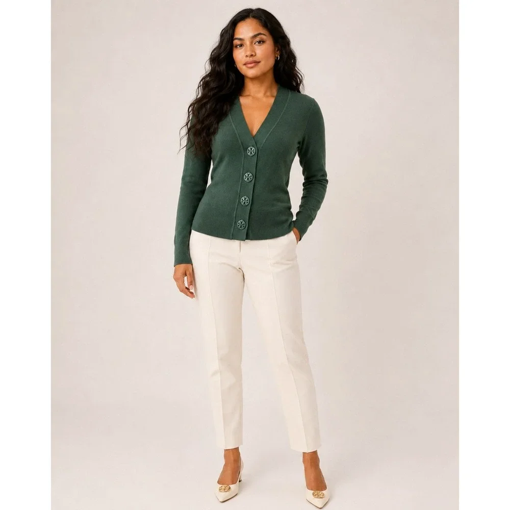 Tory Burch Madeline Cardigan Hunter Green Merino Wool Logo Button Sweater 64676